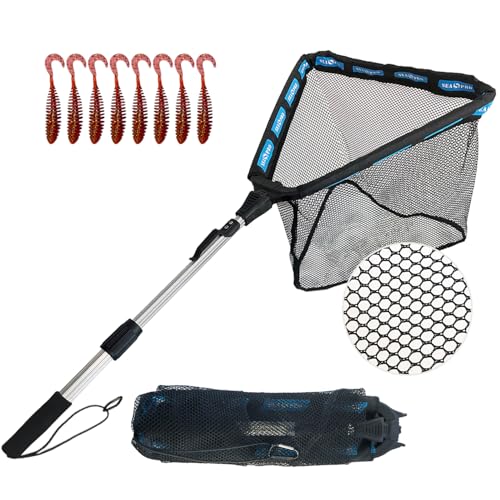Floating Telescoping Rubber Fishing Net with Handle Lightweight Fly Fish Net Silicone Foldable Freshwater and Saltwater Extendable Fishpond Kayak Fish Landing Net - color: Floating Polyester Fiber Coated Net-Blue&Silver-36"