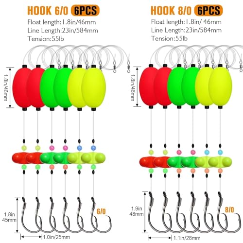 Dovesun Pre-Tied Catfish Rig System, 23 Inch 55LB Santee Cooper Catfish Float Rig with Adjustable EVA Slip Float and High Carbon Circle Hooks 5/0 6/0 8/0, Ready-to-Fish for River and Bank Fishing - color: Oval Float 8/0 Hook * 6PCS