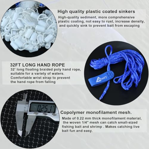 Drasry Saltwater Fishing Cast Net 3/8 and 1/4 Mesh with Heavy Duty Gray Sinker American Monofilament Fish Throw Net for Bait Trap 3FT 4FT 5FT 6FT 7FT 8FT 9FT Radius - size: 8FT Radius, style: 1/4 Mesh 0.88 Lb/Ft