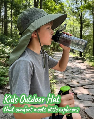 Rosoz Kids Sun Hat with Neck Flap UV Protection Summer Toddler Beach Hat Unisex Ponytail Hat Wide Brim Fishing Hat - color: Dark Green+light Grey