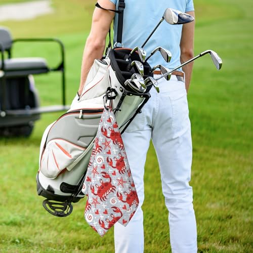Cute Crabs Starfish Golf Towel for Golf Bags Carts Red Crab Golf Towels with Clip Funny Seafood Waffle Towels Cleaning Cloth 2 Packs for Men Golfer Accessories, Birthday Father's Day Present - color: Red Grey