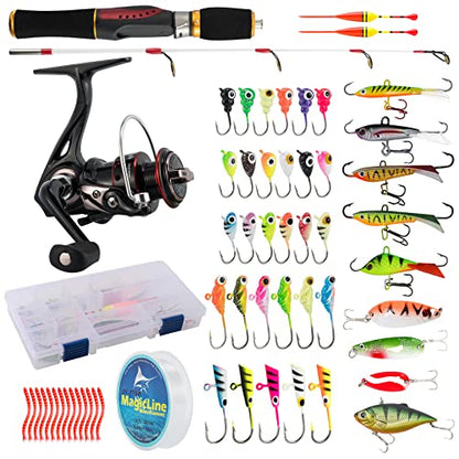 Dr.Fish Ice Fishing Rod and Reel Combo, Ice Fishing Pole Gear Spinning Reel Equipment Set Backpack Chair Jigs Lures Accessories - color: 24'' Ice Fishing Kit without Backpack Seat