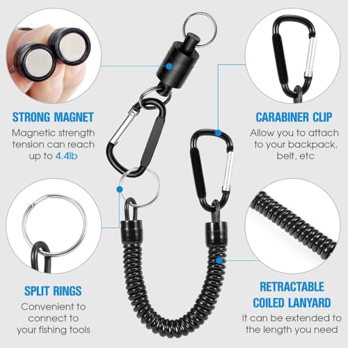Retractor Keychain with Retractable Coiled Lanyard – 2kg/4.4lb Pull Force Fly Fishing Net Holder, Secure Attachment & Quick Access for Wading(Black)