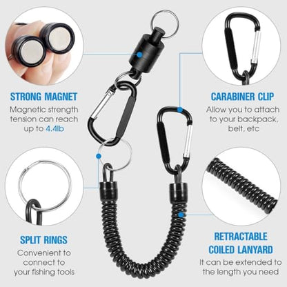 Retractor Keychain with Retractable Coiled Lanyard – 2kg/4.4lb Pull Force Fly Fishing Net Holder, Secure Attachment & Quick Access for Wading(Black)