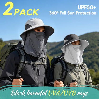 2 Pack Women Men Outdoor Wide Brim Sun Hat with Neck Face Flap,UPF 50+ Protection Fishing Garden Work Hat with Ponytail Hole - color: Dark Grey ＆ Light Grey