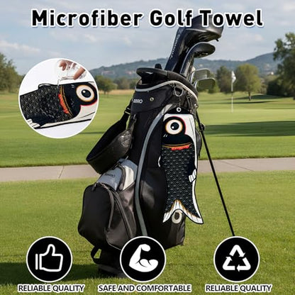 Mindsoft Koi Fish Golf Towel Cute Microfiber Golf Towel Carabiner Clip, Cleaning Cloth & Clubs Koi Pattern Golfs Accessories and Gifts for Men Women(Black) - color: Black