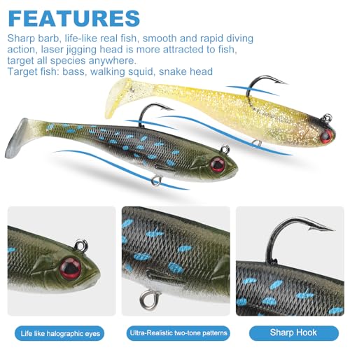 5 Pcs Pre-Rigged Soft Fishing Lures, 3.5In Paddle Tail Jig Heads Swim Bait, Realistic Movement Easy Catch Fishing jigs Lure, Fishing Baits for Freshwater Saltwater Bass Trout Baits