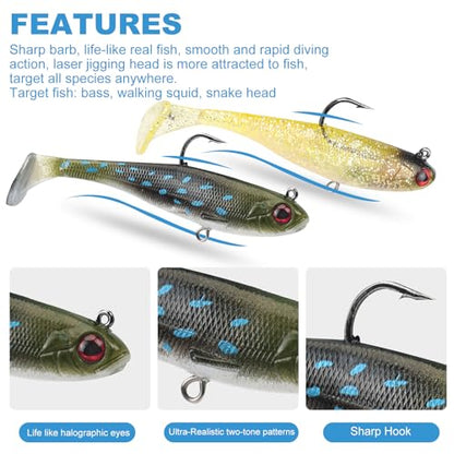 5 Pcs Pre-Rigged Soft Fishing Lures, 3.5In Paddle Tail Jig Heads Swim Bait, Realistic Movement Easy Catch Fishing jigs Lure, Fishing Baits for Freshwater Saltwater Bass Trout Baits