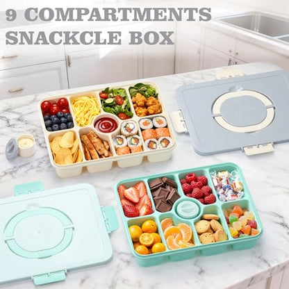 Snackle Box Container, Divided Serving Tray with Lid and Handle, 9 Compartments Snack Box Container for Adults, Portable Charcuterie Serving Platter for Candy Fruit, 9.9 Cups, White Grey - color: White Grey