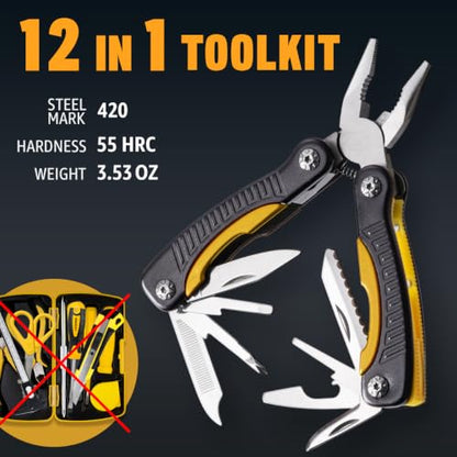 Mini Multitool Knife 12 in 1 Small Pocket Multi Tool with Knife and Pliers - Best Small Multi Purpose All in One Utility for Men & Women - Best Gear Accessory for EDC Work Camping Hiking 2229