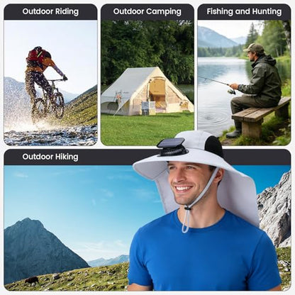 Solar Fan Hat Wide Fishing Hat Breathable Neck Flap Bucket Hats Outdoor Sun Hats for Men Women with USB Charging - color: Light Gray