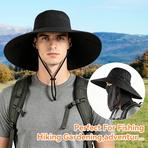 Super Wide Brim Fishing Hat UPF 50+ Sun Safari Hat with Removable Neck Face Flap - color: Black