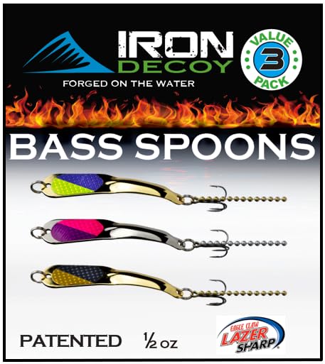 IRON DECOY Spoon Fishing Lures 3-Pack, Multi-Species Metal Spoons for Trout, Walleye, Bass, Salmon, Pike, Ice Fishing & Trolling, Vibrating Spoon Lure Kit - color: Bass #1, 1/2 oz
