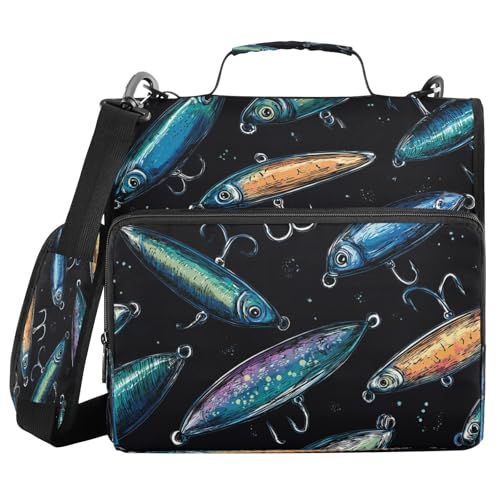 Fish Lure Vintage Funny 3 Ring Zipper Binder with Strap 1.5 inch 500 Sheet Capacity File Folder Storage Organizer