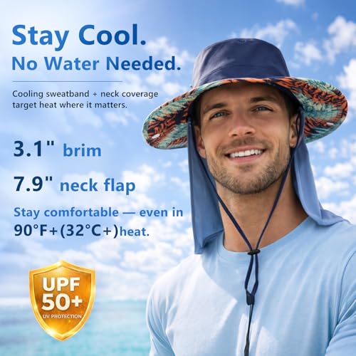 Unisex UVCoolix™ Cooling Sun Hat with Detachable Neck Flap | UPF 50+ Protection, Wide Brim Bucket Hat for Hiking, Fishing & Big Heads - color: Navy Blue, size: X-Large-XX-Large