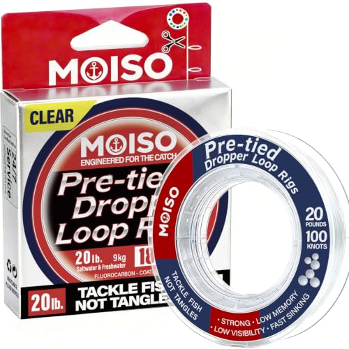 MOISO 10-60lb 100knots Pre-Tied Dropper Loop Rigs, 18" Spaced 5.5" Loops, Versatile for All Water Column, Saltwater & Freshwater Fishing Tackle for Bass, Snapper, Striper, Cod, Grouper, Lake Trout - size: 20 LB