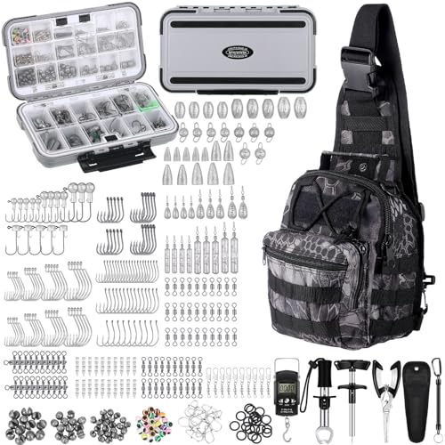 397 Pcs Fishing Accessories Kit Tools Include Backpack Fishing Tackle Box with Hooks Weights Sinkers Spinner Blade Gear - color: Black, size: Python Style
