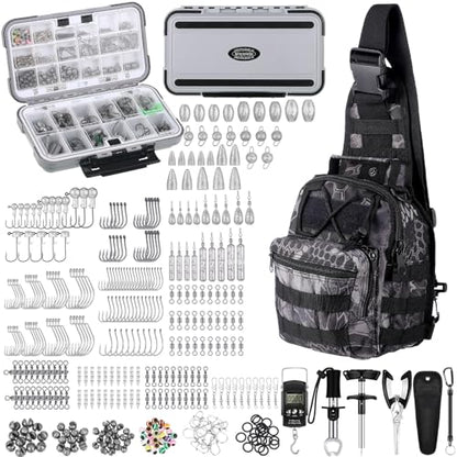397 Pcs Fishing Accessories Kit Tools Include Backpack Fishing Tackle Box with Hooks Weights Sinkers Spinner Blade Gear - color: Black, size: Python Style