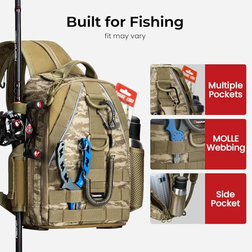 Piscifun Fishing Backpack with Rod Holder, Lightweight Sling Bag Storge Gear and Equipment - color: Khaki Camouflage, size: Standard, style: Latch