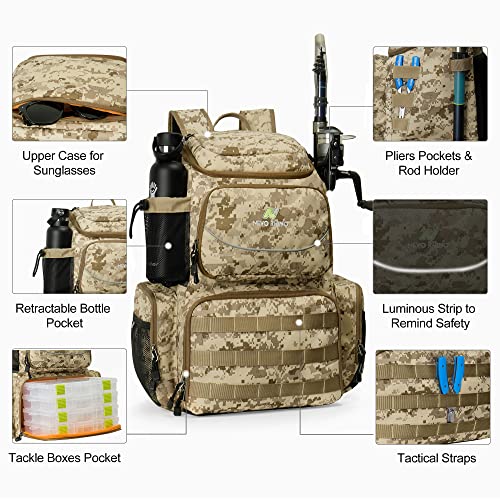 N NEVO RHINO Fishing Tackle Backpack with Rod Holders, 40L Large Fishing Bag with Waterproof Rain Cover,Outdoor Tackle Bag - color: Camouflage Yellow Pack without 4 Trays, size: Pack without 4 Trays