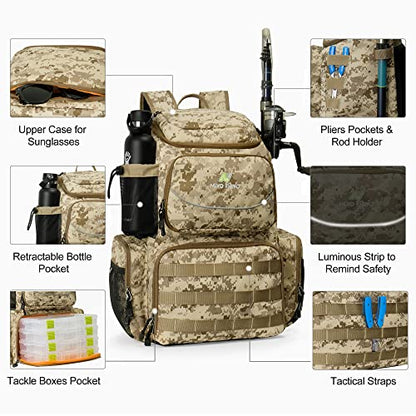 N NEVO RHINO Fishing Tackle Backpack with Rod Holders, 40L Large Fishing Bag with Waterproof Rain Cover,Outdoor Tackle Bag - color: Camouflage Yellow Pack without 4 Trays, size: Pack without 4 Trays