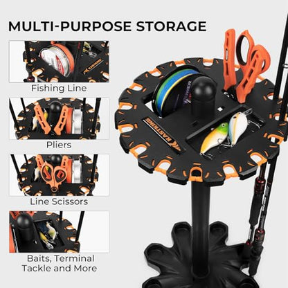 KastKing V16 Rotating Fishing Rod Holder for Garage, Floor Rack Holds Up to 16 Rods & Combos, Space-Saving Pole Organizer with Foam, Durable ABS, Fishing Gear Storage Gift for Men - size: V16 with Rotating Base