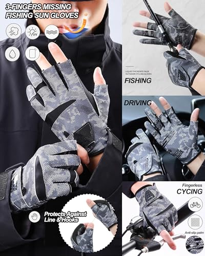 Camo Fishing Gloves Men Women UV-Protection, Anti-Slip Wear-Resistant Elastic Quick-Drying Breathable Sunblock Gloves 3-Finger-Open Lightweight for Boating, Kayaking, Hunting - size: X-Large