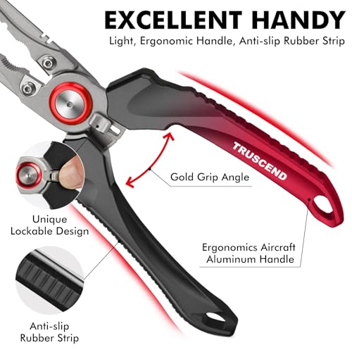 TRUSCEND Easy Use Lockable Fishing Pliers with Tungsten Carbide Cutter, Innovative Ergonomic Handy Handle, Saltwater Corrosion Resistant Teflon Coated Fishing Tool, Light Multi-Function Fishing Gear - color: A3-red