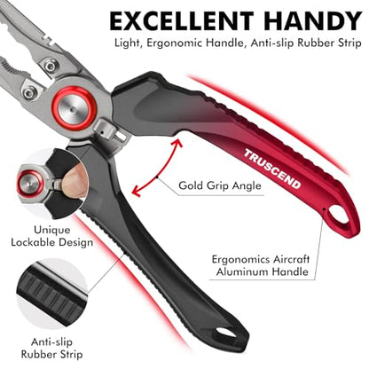 TRUSCEND Lockable Fishing Pliers with High Tungsten Carbide Cutter, Innovative Ergonomic Handy Handle, Saltwater Corrosion Resistant Teflon Coated Fishing Tool, Super Light Multi-Function Fishing Gear - color: A3-red