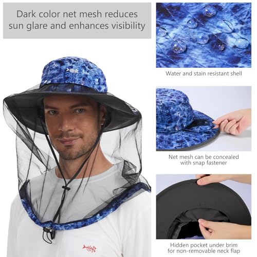BASSDASH UPF 50+ Mosquito Sun Hat with Hidden Head Net and Neck Flap for Men Women Outdoor Fishing Hiking Camping - color: Blue Camo