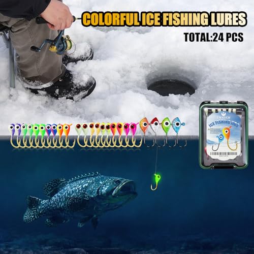 Ice Fishing Lures Kit, 24pcs Micro Bright Jig Heads for Panfish, Crappie, Walleye, Perch, Trout, Bluegill Ice Fishing Hooks Set with Waterproof Tackle Box