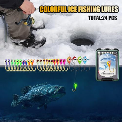 Ice Fishing Lures Kit, 24pcs Micro Bright Jig Heads for Panfish, Crappie, Walleye, Perch, Trout, Bluegill Ice Fishing Hooks Set with Waterproof Tackle Box