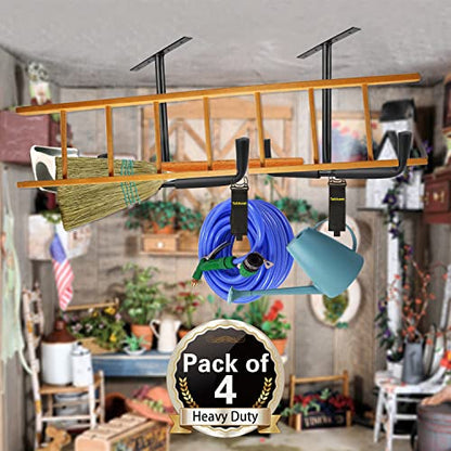4 Set Overhead Garage Storage Rack, Heavy Duty Overhead Storage Double Hook, Ceiling Mount Hanger Safe Racks Hooks, Hanging for Lumber Ladder Storage & Other Bulky Items (Pack of 4 - Black) - size: Width 16.5in/42cm 4 pack