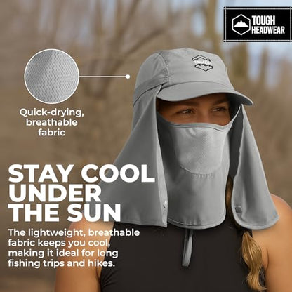 Tough Headwear Fishing Cap w/Face Mask & Neck Flap - Sun Protection Hat with UPF 50 -Landscaping Hats for Women and Men - color: Grey