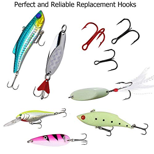 Fishing Treble Hooks Kit, Sharp Replacement Treble Hooks for Lures Baits, High Carbon Steel Fishing Hooks with Stainless Steel Split Rings Set for Bass Trout Walleye Pike - color: Red+Black_100pcs