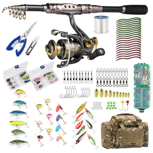 Dr.Fish Fishing Rod and Reel Combos 125-Pieces Telescopic Spinning Pole Reel Gear Equipment Set with Tackle Bag for Adult Collapsible Travel Complete Fishing Set Men Starter Freshwater Saltwater - color: 6ft Rod, 3000 Reel, Camo Bag+Full Kit