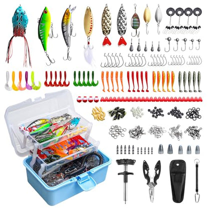 315PCS Portable Fishing Lures Tackle Box with Pliers & Hook Remover, 3-Tier Compact Organizer, Crankbaits/Swivels/Soft Baits, All-in-One Gear for Freshwater Saltwater