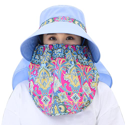 Women Wide Brim Face Mask Sun Hat Detachable Neck Face Flap Ponytail UV Protection Visor Hat Garden Fishing Hiking - color: M9099-tianlan
