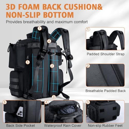Goture Fishing Backpack with 4 Tackle Boxes,58L 900D Water-Resistant Tackle Backpack with Cooler,Rod Holders,8 Lure Pockets, Detachable Crossbody Bag,Gear Storage Large Fishing Bag for Camping Hiking - color: D1:black With 4 Tackle Boxes