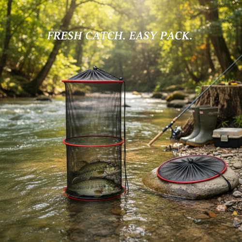 Collapsible Mesh Fish Keeper Bag, Portable Polyester Net for Freshwater Fishing, Black - size: 9.84 x 9.84 x 23.62"