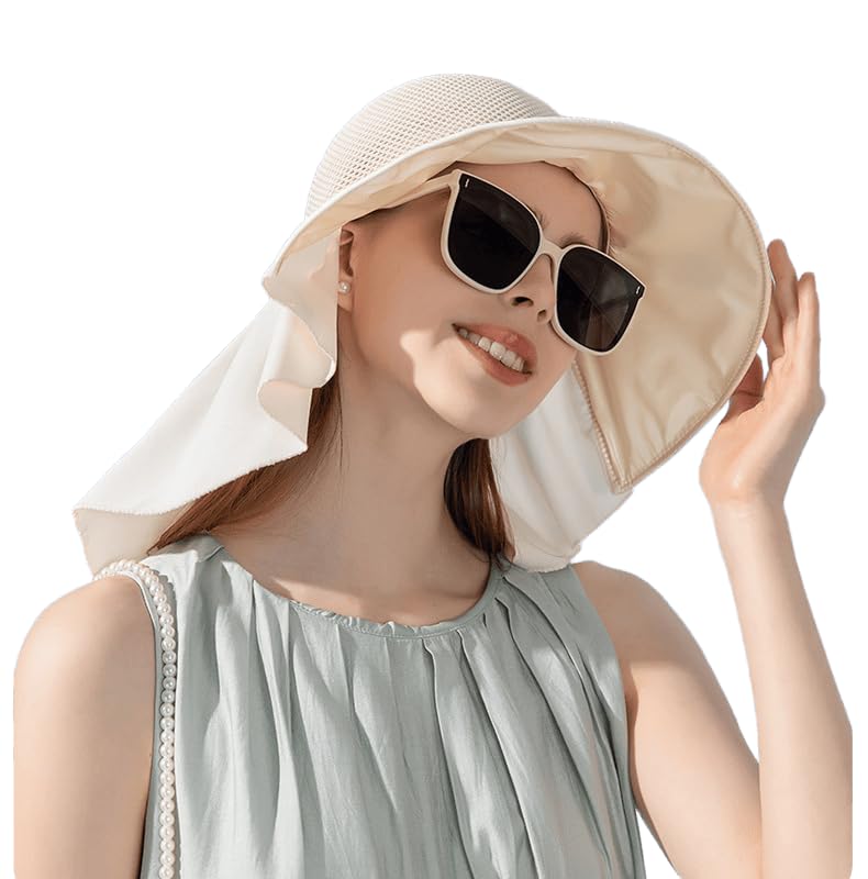 Sun Hats for Women UV Protection - Summer Wide Brim Fishing Hat with Neck Flap for Beach Hiking Camping Outdoor - color: Beige