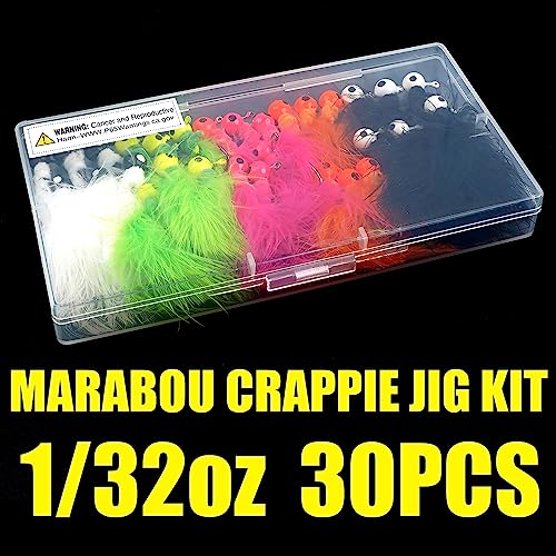 Crappie Jigs,30pcs Hand-Tied Marabou Hair Jig Heads with Feather 5 Colors Ice Fly Fishing Lures Bucktail Jig Fishing Teaser for Panfish Sunfish Walleye Hair Jig Bait 1/32 1/16 1/8 oz - color: 1/32(0.87g) - 30pcs