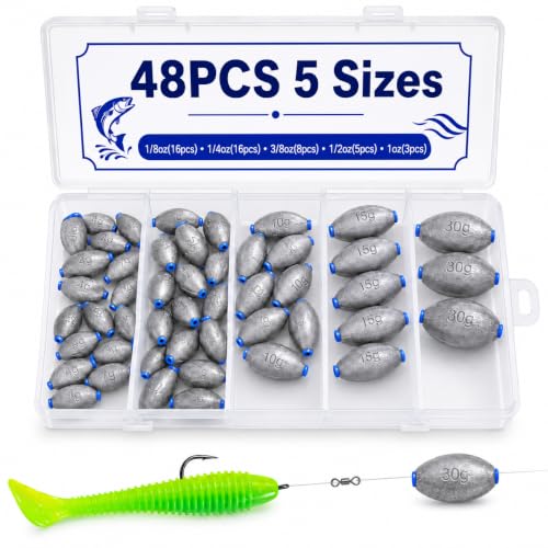 48pcs Egg Sinkers Fishing Weights Kit, Oval Slip Sinkers 1/8oz–1oz Assorted Sizes, Fishing Sinkers Set for Carolina Rig Bass Catfish Surf Freshwater Saltwater Fishing
