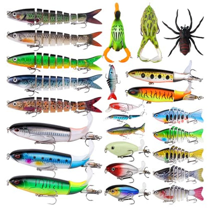 TSKS Fishing Artificial Lures Kit Mixed Including Front Diving Fin Minnow Surface Popper Crank Baits Pencil VIB with Hook and Soft Lures Accessories for Saltwater Freshwater Trout Bass Tackle Gift Set - color: 25pcs