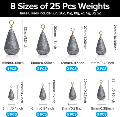 Realure 25Pcs Assorted Iron Fishing Sinkers with Built-in Swivel, 8 Sizes 2g-30g Small Mixed Weights, Freshwater Lake Inshore Saltwater Bottom Rig Tackle for Bass Walleye Mackerel Perch