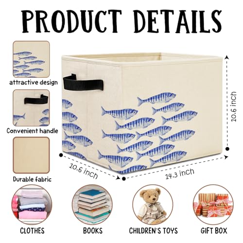 Blue Fish Coastal Beach Storage Bins Box with Handles, Ocean Nautical Sardine Fish Laundry Basket Hamper Collapsible Clothes Toys Organizer for Boys Room Nursery Bathroom Home - color: Blue Fish Coastal