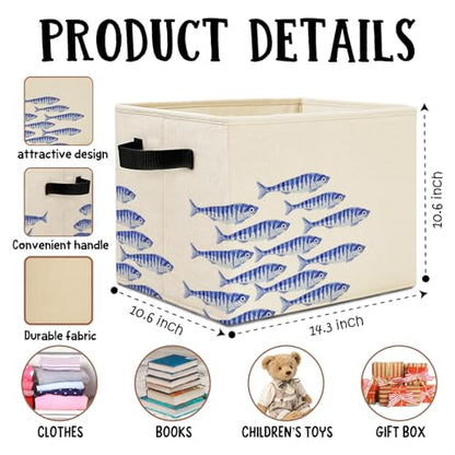 Blue Fish Coastal Beach Storage Bins Box with Handles, Ocean Nautical Sardine Fish Laundry Basket Hamper Collapsible Clothes Toys Organizer for Boys Room Nursery Bathroom Home - color: Blue Fish Coastal