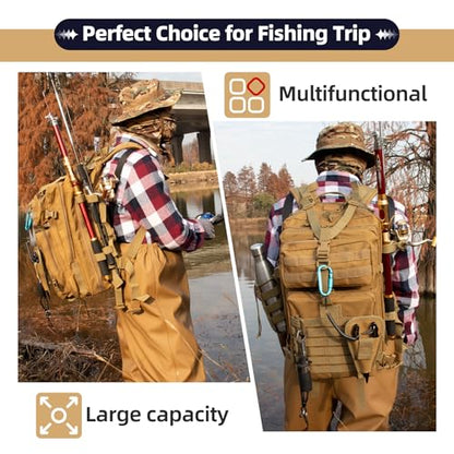TBNBO 45l Large Fishing Tackle Backpack with Removable Plier Holder & Rod Holders, Khaki Tactical Bag, Fishing Gear and Tackle Box Organizer, Hiking Rucksack without Tackle Box - color: Khaki