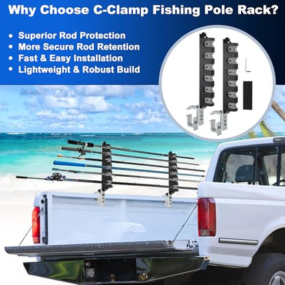 2X Aluminum Fishing Rod Holder for Truck Bed, Capacity, Stable C-Clamp Mount, Fishing Pole Storage Rack Holder for Truck Pickup Boat