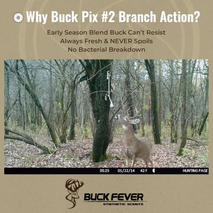 Buck Fever Buck Pix 2,3,4-Piece kit - Synthetic Deer Scent (4 oz Branch Action & 4 oz Dirt Fusion) for Whitetail & Mule - Non-Spoiling Deer Attractant for Outdoor Trail Camera - size: 4 oz (Branch Action)